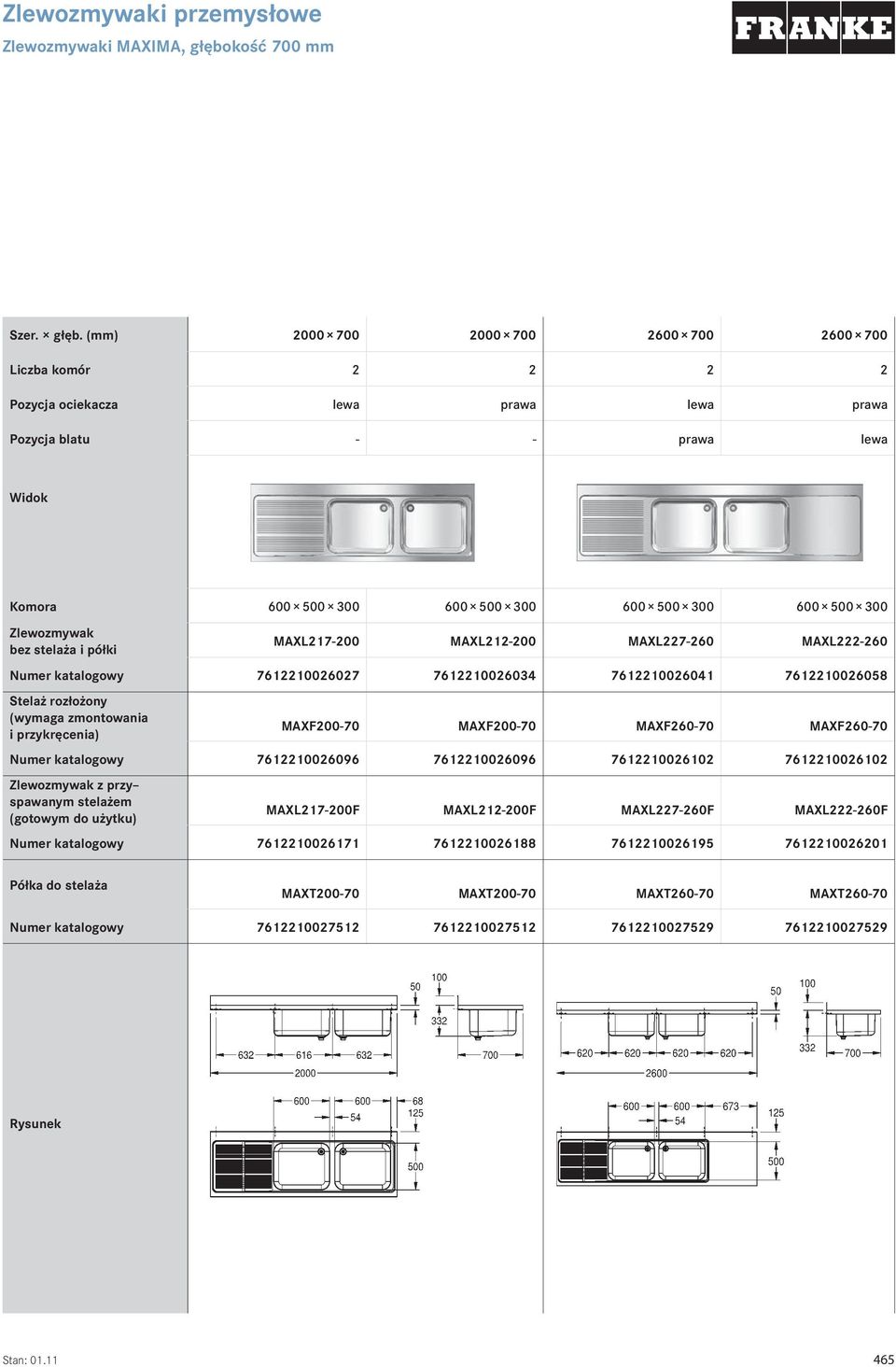 (mm) 2000 700 2000 700 2600 700 2600 700 Liczba komór 2 2 2 2 Pozycja ociekacza lewa prawa lewa prawa Pozycja blatu - - prawa lewa Widok Komora 600 500 300 600 500 300 600 500 300 600 500 300