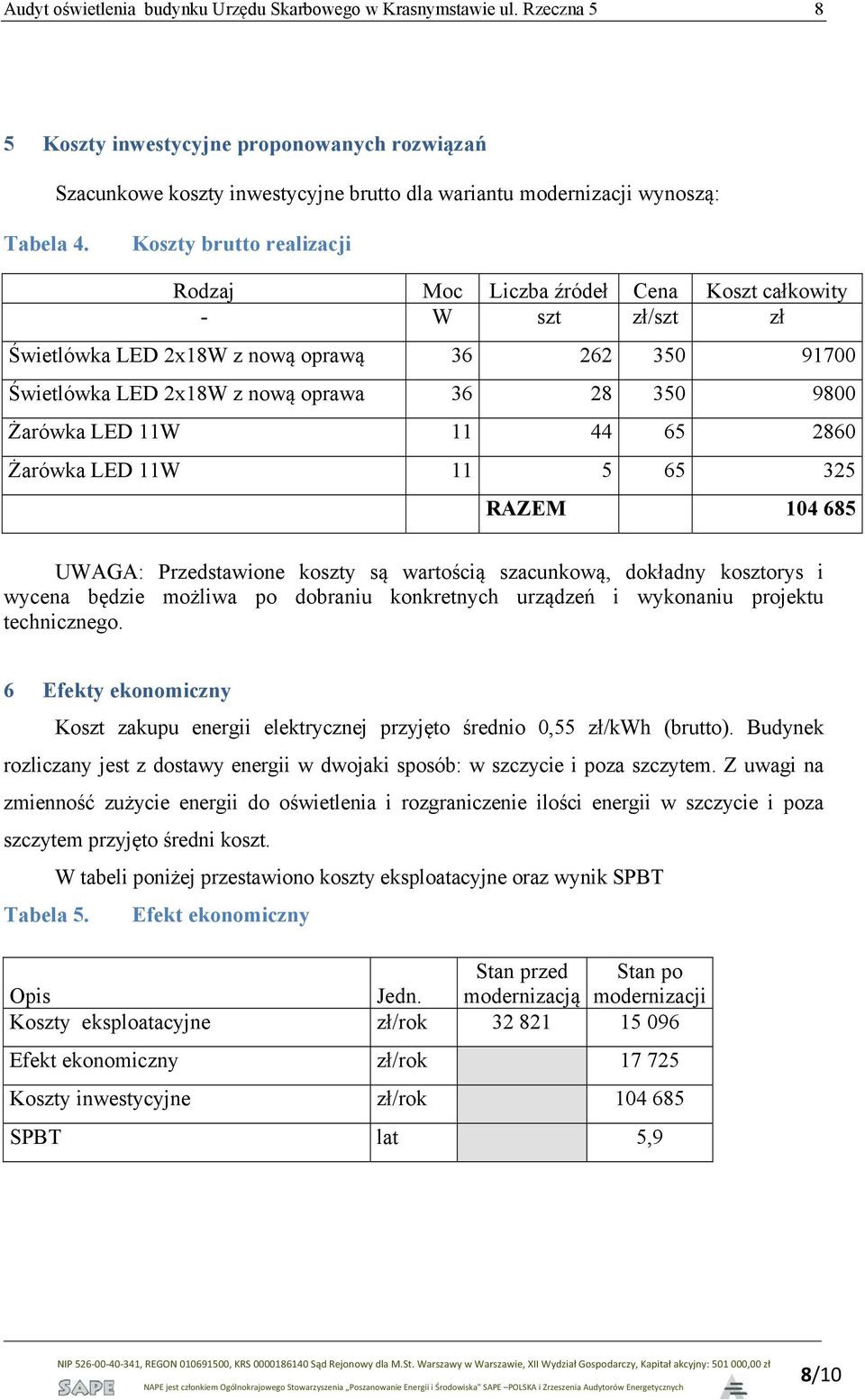 Koszty brutto realizacji Rodzaj Moc Liczba źródeł Cena Koszt całkowity - W szt zł/szt zł Świetlówka LED 2x18W z nową oprawą 36 262 350 91700 Świetlówka LED 2x18W z nową oprawa 36 28 350 9800 Żarówka