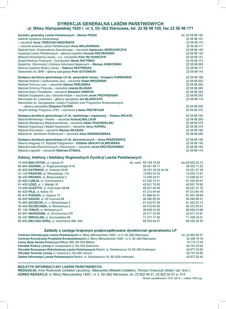 Zawodowego naczelnik Agnieszka GRZEGORCZYK 22 58 98 140 Inspekcja Lasów Państwowych główny inspektor Konrad GRZYBOWSKI 22 58 98 120 Wydział Infrastruktury Leśnej p.o. naczelnika Piotr MŁYNARCZYK 22 58 98 131 Zespół Radców Prawnych koordynator Marek RATYŃSKI 22 58 98 113 Zespół ds.