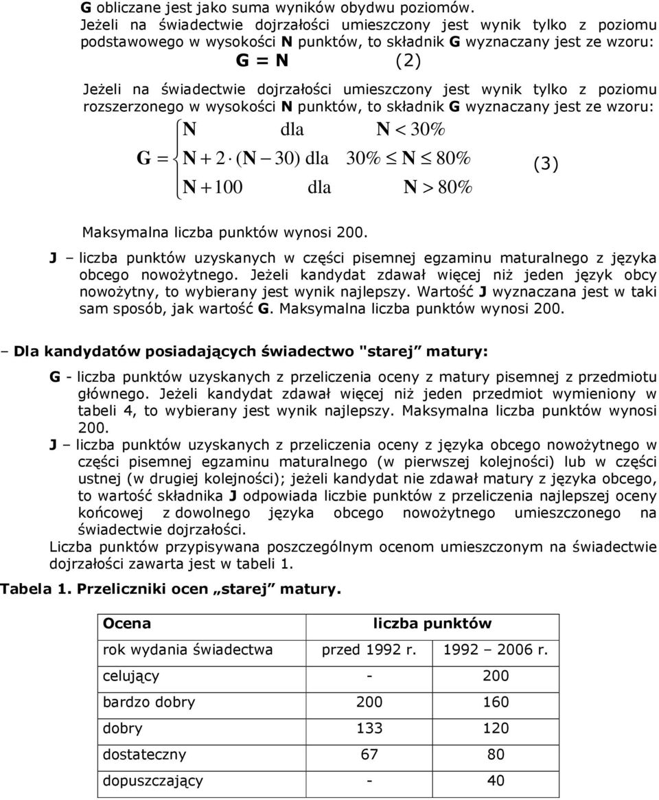 umieszczony jest wynik tylko z poziomu rozszerzonego w wysokości N punktów, to składnik G wyznaczany jest ze wzoru: N dla N < 30% G = N + 2 ( N 30) dla 30% N 80% (3) N + 100 dla N > 80% Maksymalna