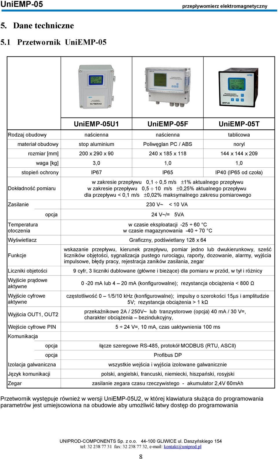 obudowy waga [kg] stopień ochrony Dokładność pomiaru w zakresie przepływu 0, 0,5 m/s ±% aktualnego przepływu w zakresie przepływu 0,5 0 m/s ±0,25% aktualnego przepływu dla przepływu < 0, m/s ±0,02%