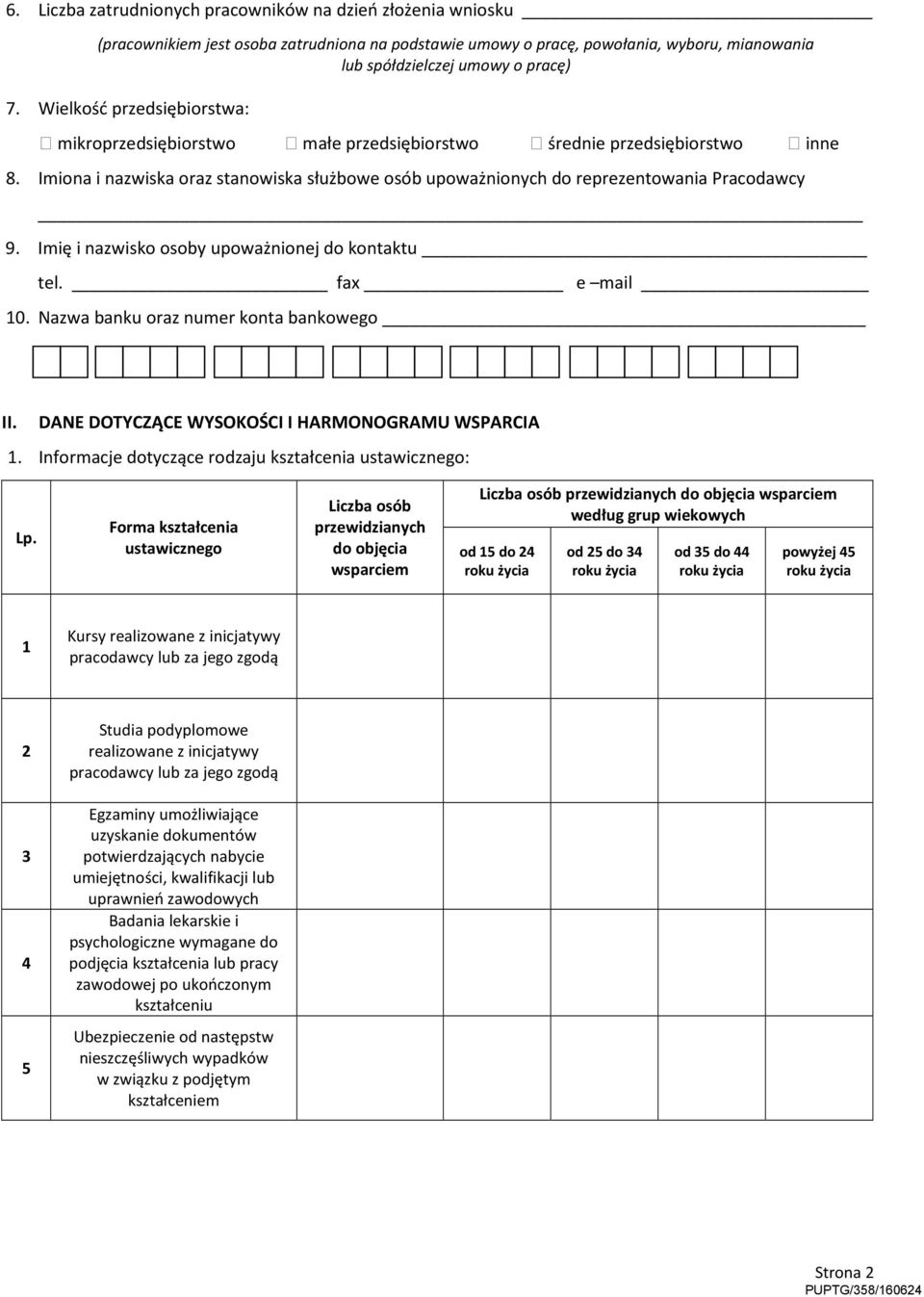 Imię i nazwisko osoby upoważnionej do kontaktu tel. fax e mail 10. Nazwa banku oraz numer konta bankowego II. DANE DOTYCZĄCE WYSOKOŚCI I HARMONOGRAMU WSPARCIA 1.