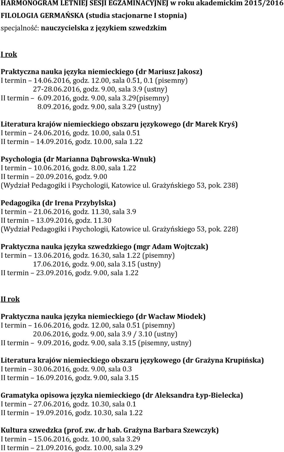 06.2016, godz. 10.00, sala 0.51 II termin 14.09.2016, godz. 10.00, sala 1.22 Psychologia (dr Marianna Dąbrowska-Wnuk) I termin 10.06.2016, godz. 8.00, sala 1.22 II termin 20.09.2016, godz. 9.