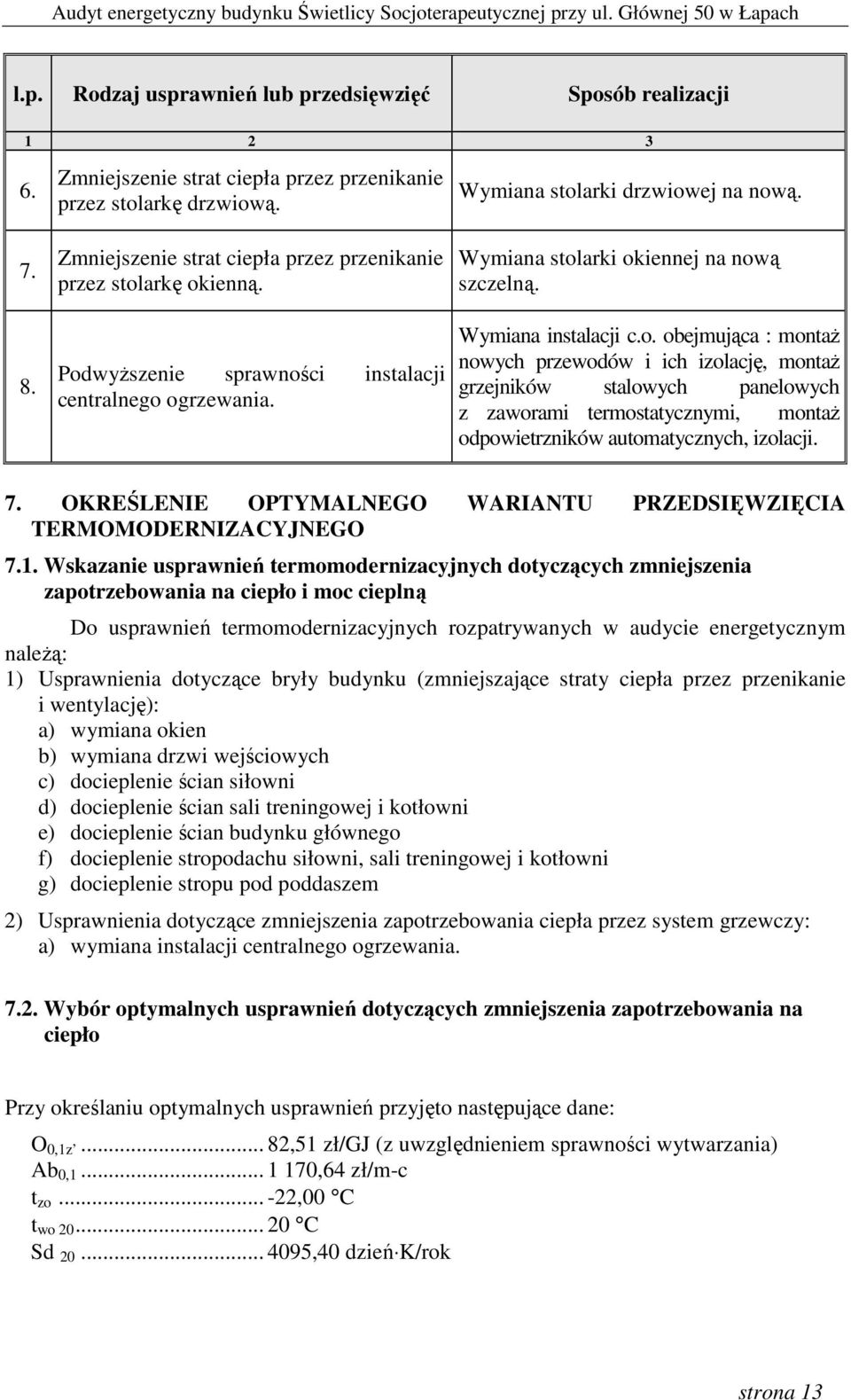 Wymiana stolarki okiennej na nową szczelną. Wymiana instalacji c.o. obejmująca : montaŝ nowych przewodów i ich izolację, montaŝ grzejników stalowych panelowych z zaworami termostatycznymi, montaŝ odpowietrzników automatycznych, izolacji.
