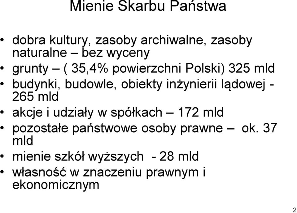 lądowej - 265 mld akcje i udziały w spółkach 172 mld pozostałe państwowe osoby