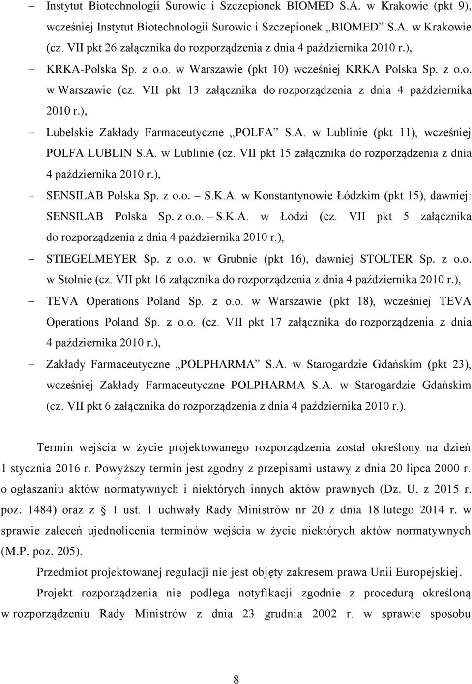 VII pkt 13 załącznika do rozporządzenia z dnia 4 października 2010 r.), Lubelskie Zakłady Farmaceutyczne POLFA S.A. w Lublinie (pkt 11), wcześniej POLFA LUBLIN S.A. w Lublinie (cz.