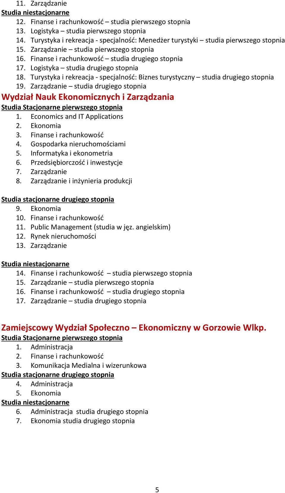Turystyka i rekreacja - specjalność: Biznes turystyczny studia drugiego stopnia 19. Zarządzanie studia drugiego stopnia Wydział Nauk Ekonomicznych i Zarządzania 1. Economics and IT Applications 2.