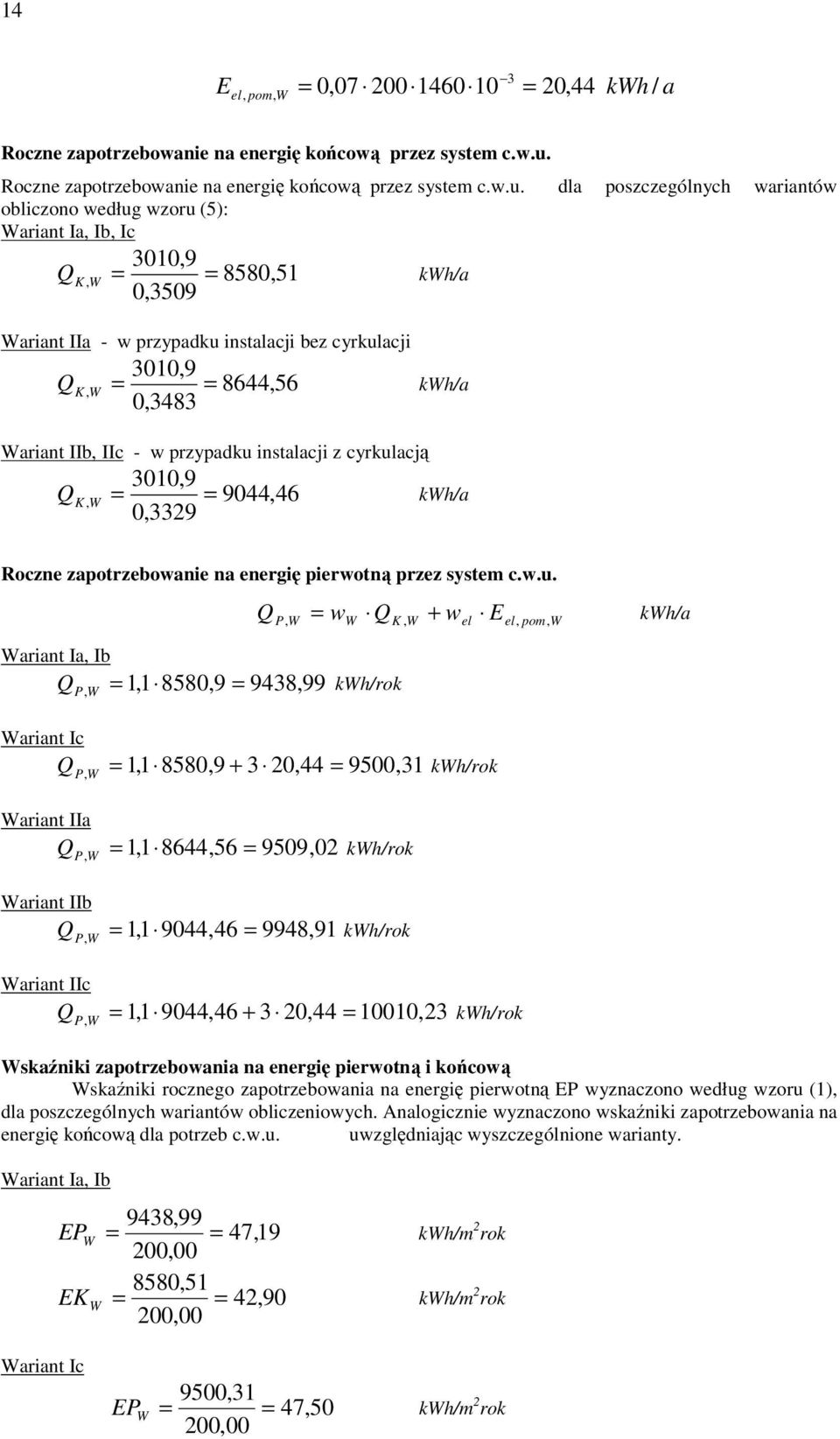 dla poszczególnych wariantów obliczono według wzoru (5): Wariant Ia, Ib, Ic 3010,9 = 0,3509 K, W = 8580,51 Q kwh/a Wariant IIa - w przypadku instalacji bez cyrkulacji 3010,9 = 0,3483 K, W = 8644,56 Q