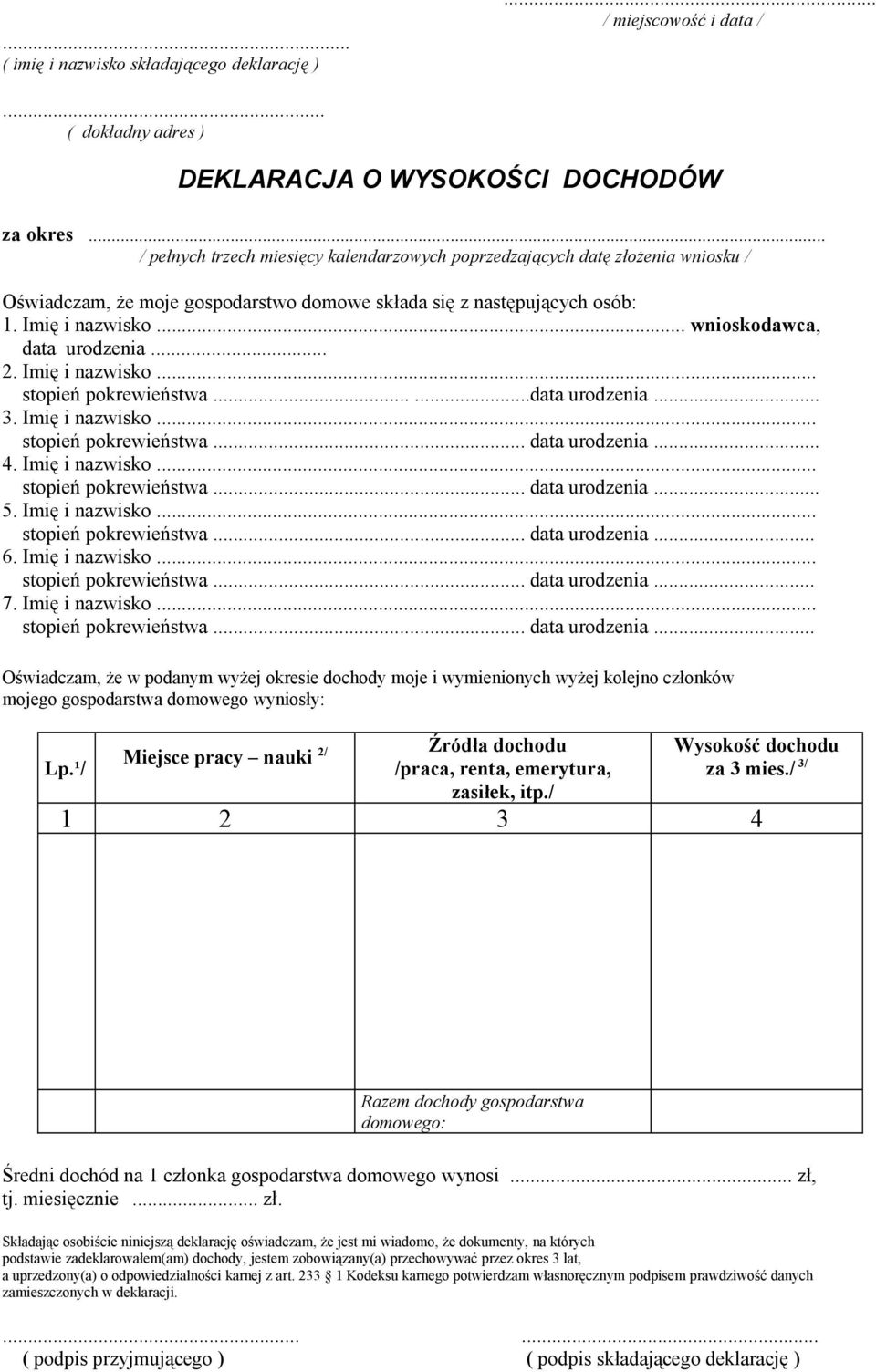 .. wnioskodawca, data urodzenia... 2. Imię i nazwisko... stopień pokrewieństwa......data urodzenia... 3. Imię i nazwisko... stopień pokrewieństwa... data urodzenia... 4. Imię i nazwisko... stopień pokrewieństwa... data urodzenia... 5.