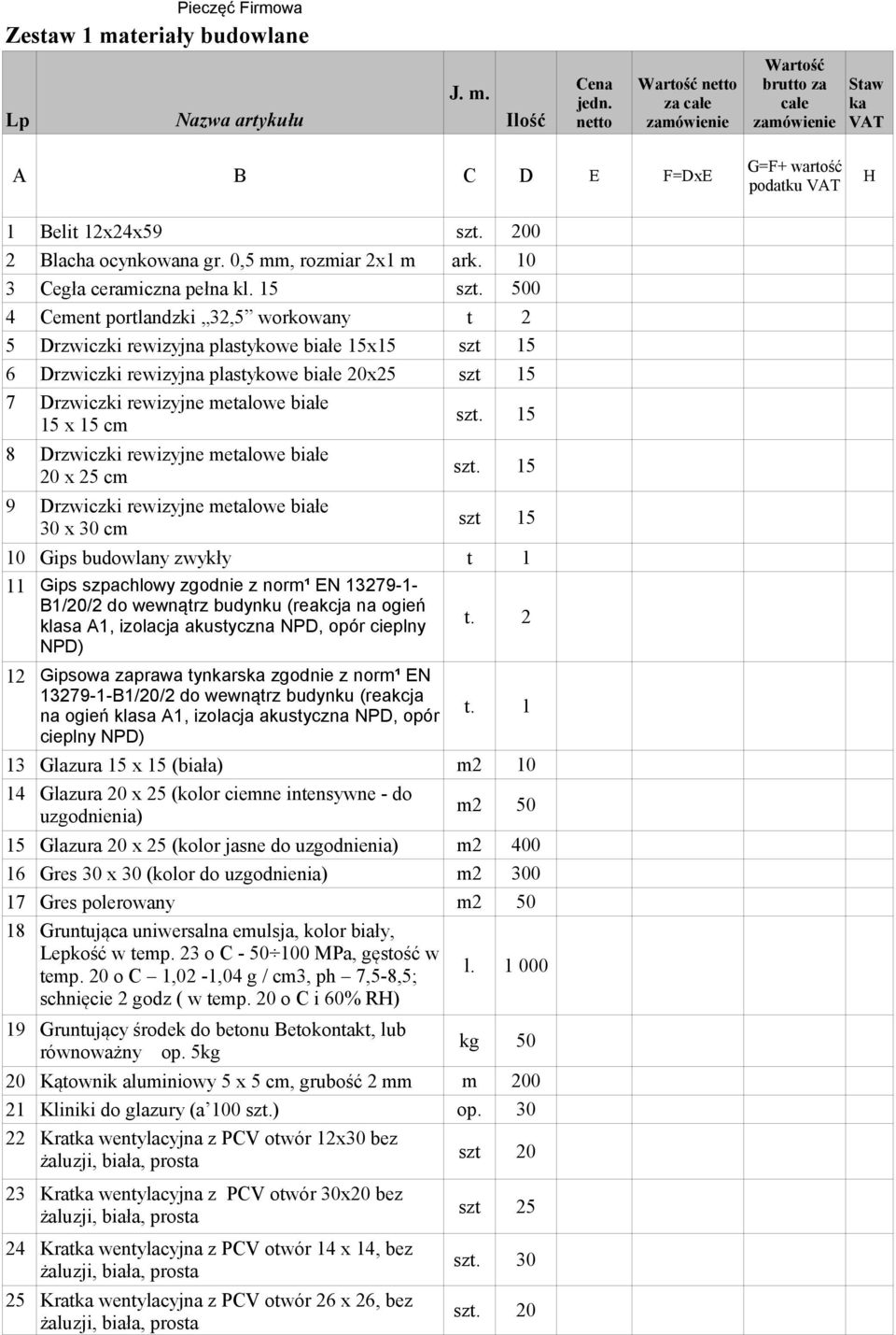500 4 Cement portlandzki 3,5 workowany t 5 Drzwiczki rewizyjna plastykowe białe 5x5 szt 5 6 Drzwiczki rewizyjna plastykowe białe 0x5 szt 5 7 8 9 szt. 5 szt.