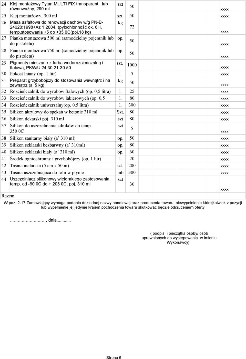 do pistoletu) 9 Pigmenty mieszane z farbą wodorozcieńczalną i szt. 000 ftalową, PKWiU 4.30.-30.50 30 Pokost lniany (op. litr) l.