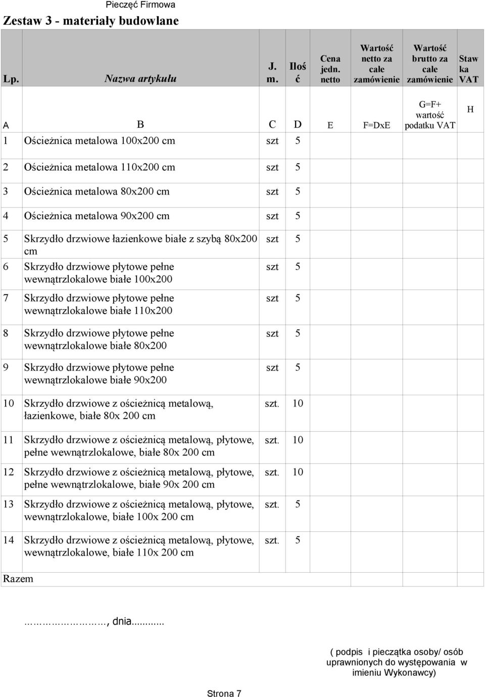 Ościeżnica metalowa 90x00 cm szt 5 5 Skrzydło drzwiowe łazienkowe białe z szybą 80x00 szt 5 cm 6 Skrzydło drzwiowe płytowe pełne szt 5 wewnątrzlokalowe białe 00x00 7 Skrzydło drzwiowe płytowe pełne