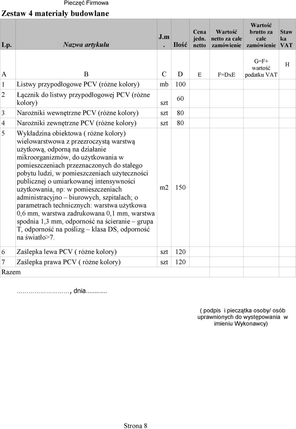 Narożniki wewnętrzne PCV (różne kolory) szt 80 4 Narożniki zewnętrzne PCV (różne kolory) szt 80 5 Wykładzina obiektowa ( różne kolory) wielowarstwowa z przezroczystą warstwą użytkową, odporną na