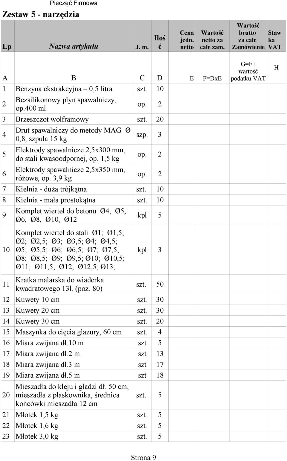 do stali kwasoodpornej, op.,5 kg Elektrody spawalnicze,5x350 mm, 6 op. różowe, op. 3,9 kg 7 Kielnia - duża trójkątna szt. 0 8 Kielnia - mała prostokątna szt.