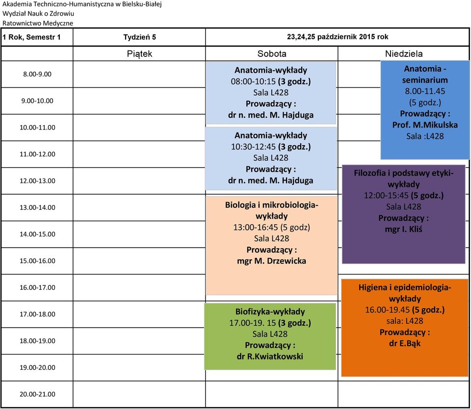 Mikulska Sala :L428 12:00-15:45 mgr I. Kliś Biofizyka-wykłady 17.00-19.