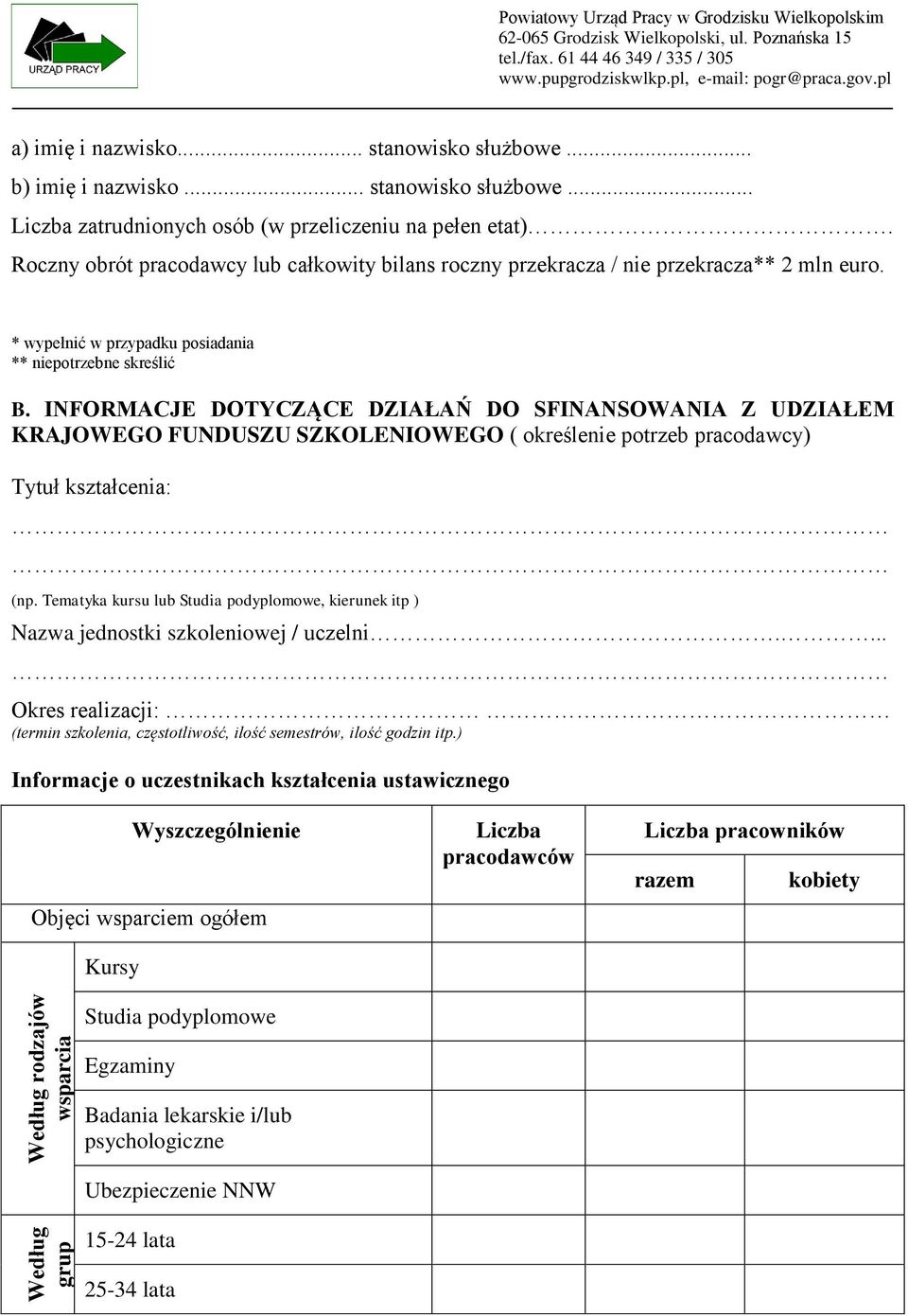 INFORMACJE DOTYCZĄCE DZIAŁAŃ DO SFINANSOWANIA Z UDZIAŁEM KRAJOWEGO FUNDUSZU SZKOLENIOWEGO ( określenie potrzeb pracodawcy) Tytuł kształcenia: (np.