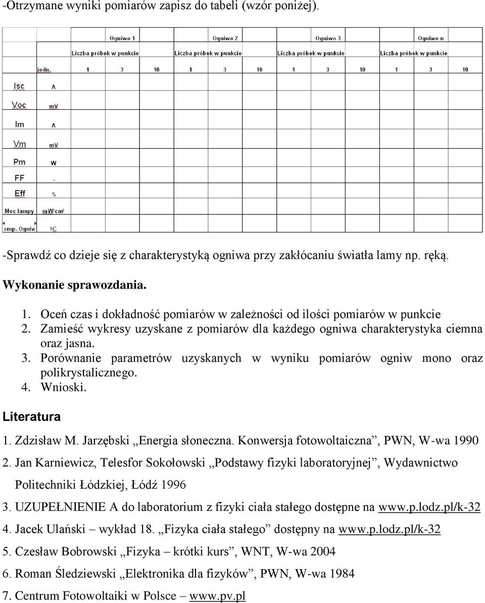 Porównanie parametrów uzyskanych w wyniku pomiarów ogniw mono oraz polikrystalicznego. 4. Wnioski. Literatura 1. Zdzisław M. Jarzębski Energia słoneczna. Konwersja fotowoltaiczna, PWN, W-wa 1990 2.