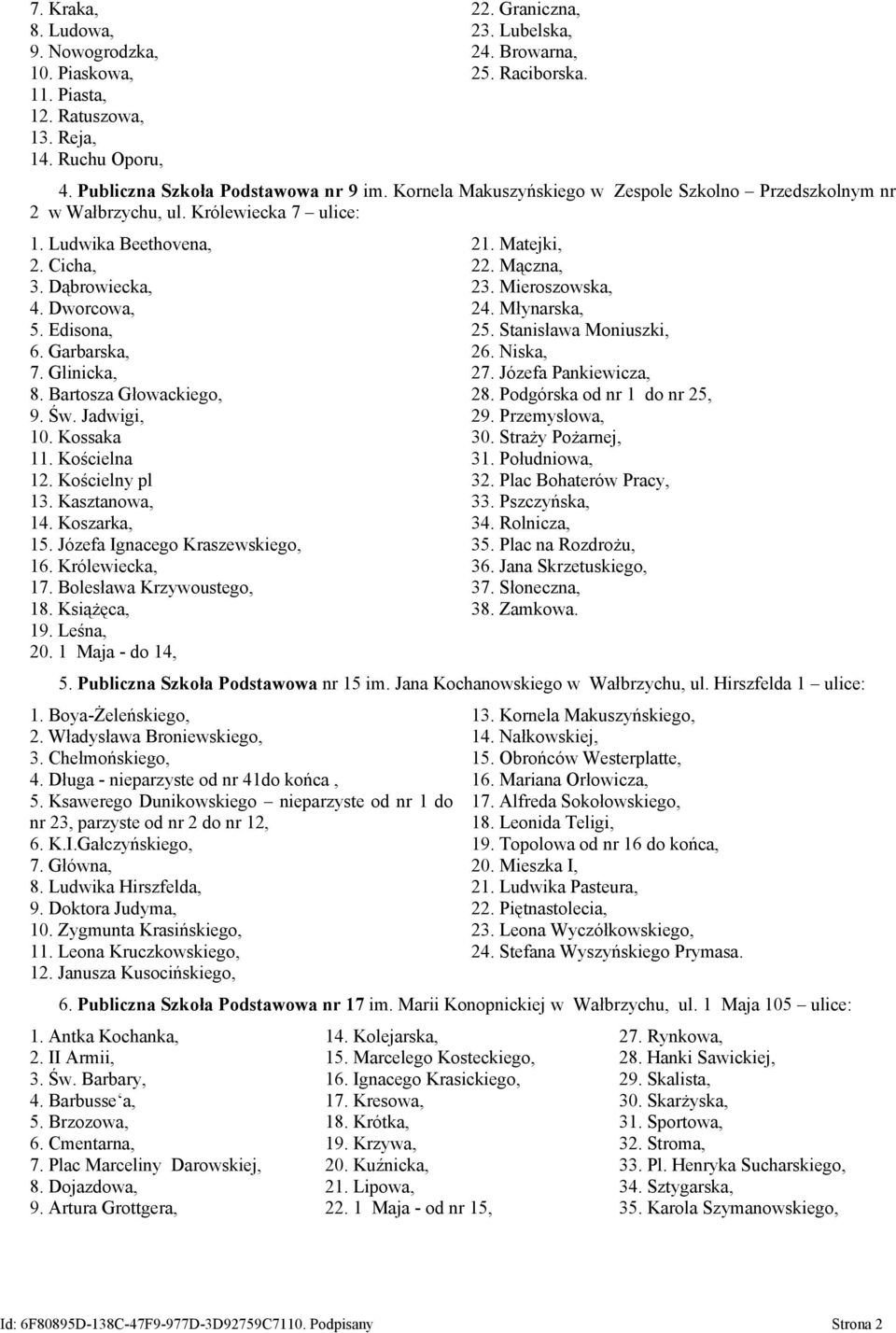 Edisona, 6. Garbarska, 7. Glinicka, 8. Bartosza Głowackiego, 9. Św. Jadwigi, 10. Kossaka 11. Kościelna 12. Kościelny pl 13. Kasztanowa, 14. Koszarka, 15. Józefa Ignacego Kraszewskiego, 16.
