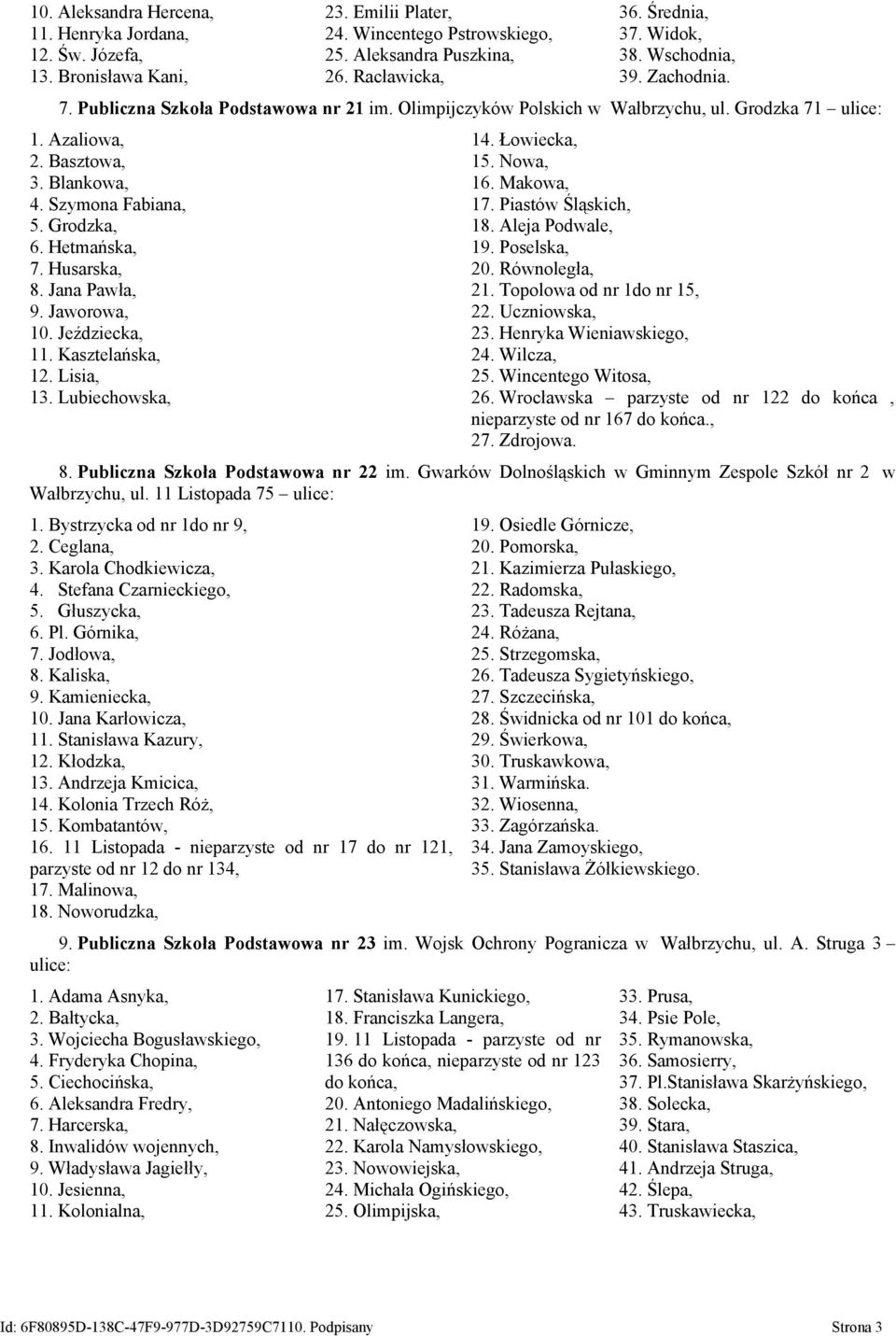 Hetmańska, 7. Husarska, 8. Jana Pawła, 9. Jaworowa, 10. Jeździecka, 11. Kasztelańska, 12. Lisia, 13. Lubiechowska, 14. Łowiecka, 15. Nowa, 16. Makowa, 17. Piastów Śląskich, 18. Aleja Podwale, 19.