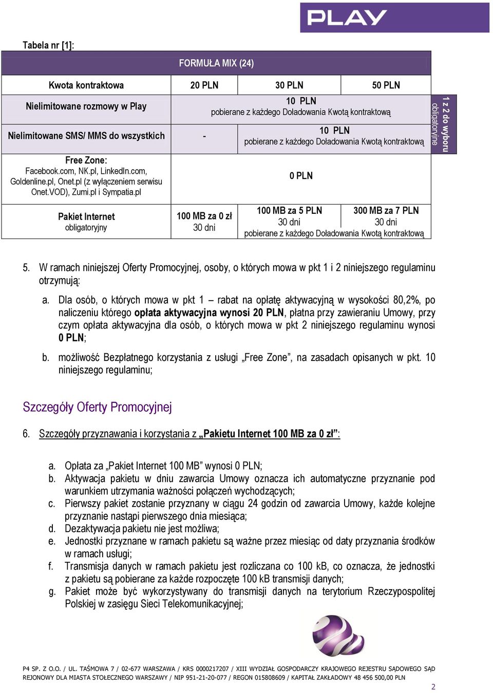 pl Pakiet Internet obligatoryjny 100 MB za 0 zł 30 dni 10 PLN pobierane z każdego Doładowania Kwotą kontraktową 10 PLN pobierane z każdego Doładowania Kwotą kontraktową 0 PLN 100 MB za 5 PLN 300 MB