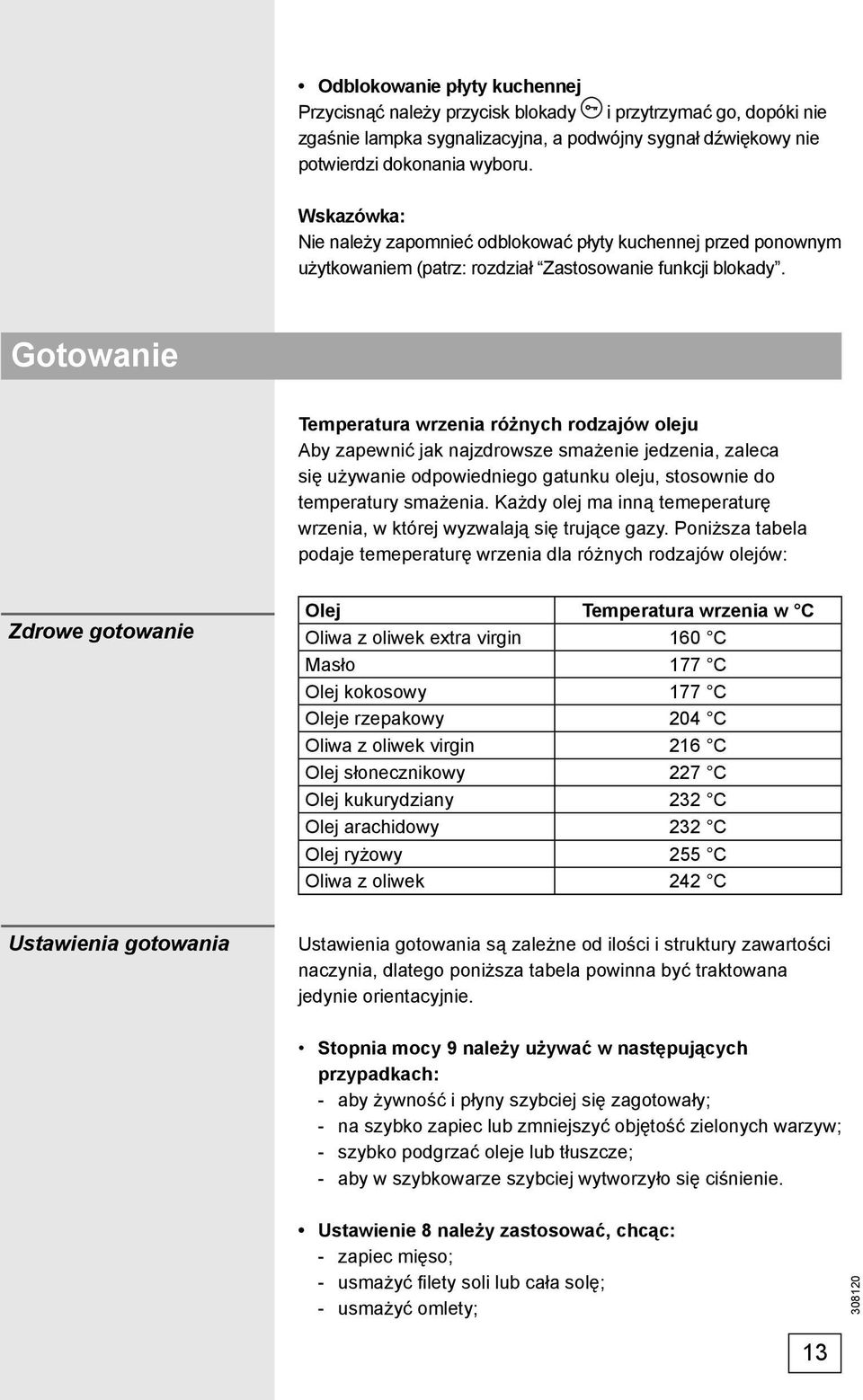 Gotowanie Temperatura wrzenia różnych rodzajów oleju Aby zapewnić jak najzdrowsze smażenie jedzenia, zaleca się używanie odpowiedniego gatunku oleju, stosownie do temperatury smażenia.
