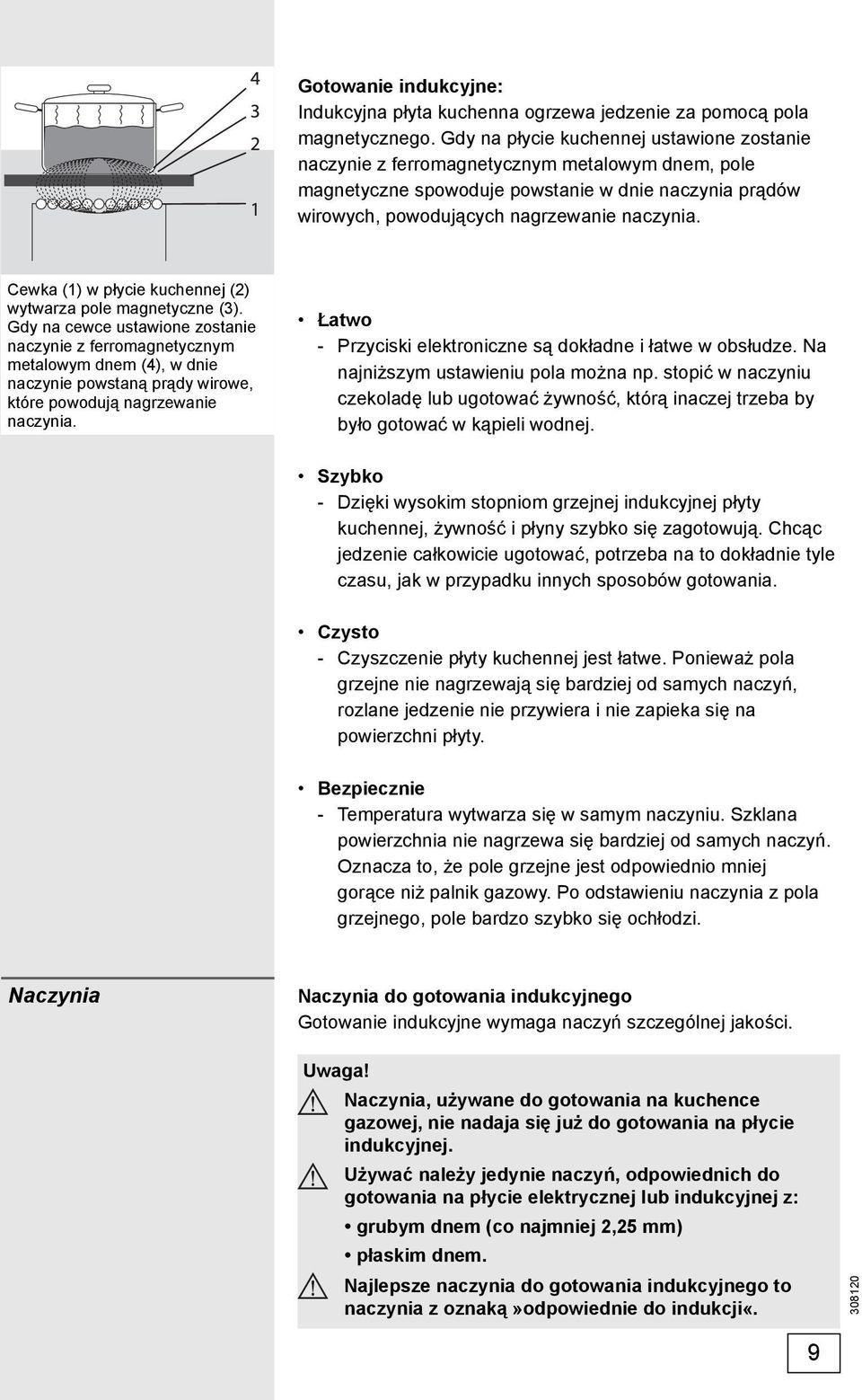 Cewka (1) w płycie kuchennej (2) wytwarza pole magnetyczne (3).