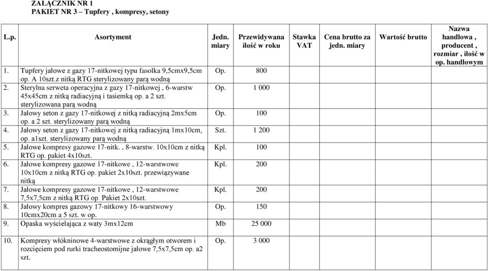 Jałowy seton z gazy 17-nitkowej z nitką radiacyjną 2mx5cm 100 op. a 2 szt. sterylizowany parą wodną 4. Jałowy seton z gazy 17-nitkowej z nitką radiacyjną 1mx10cm, 1 200 op. a1szt.