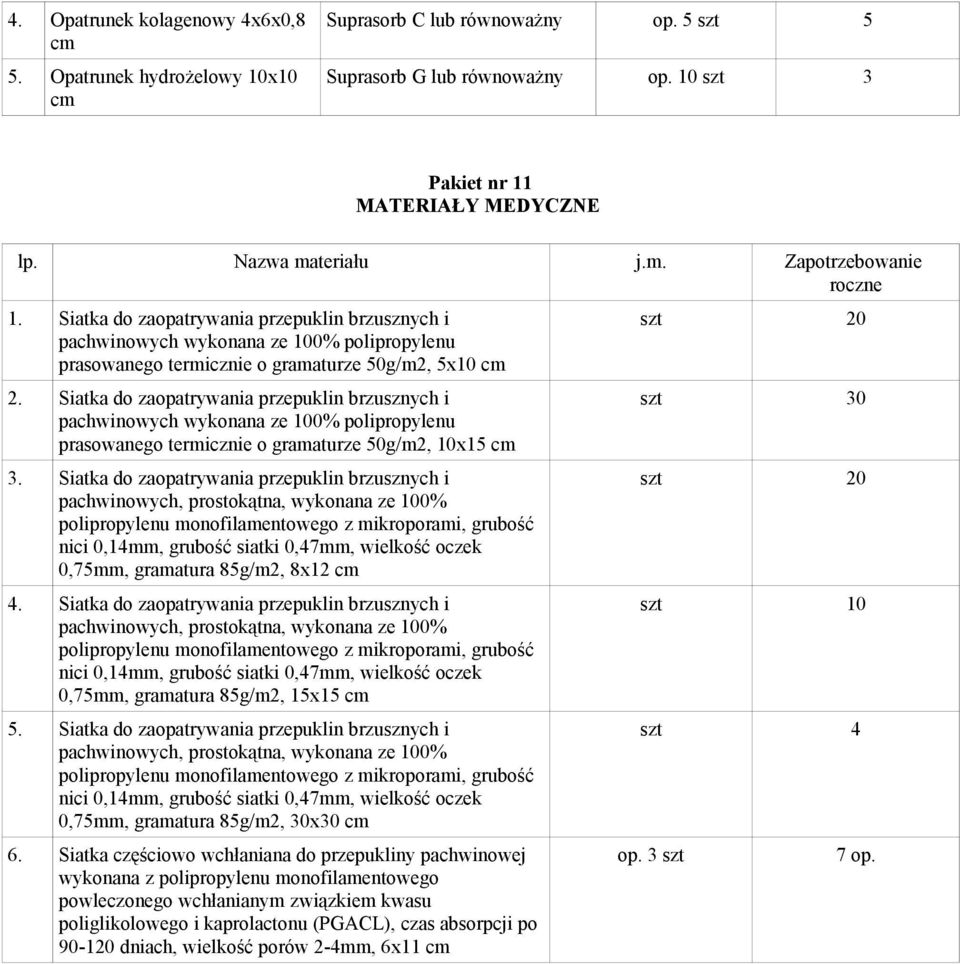 Siatka do zaopatrywania przepuklin brzusznych i pachwinowych wykonana ze 100% polipropylenu prasowanego termicznie o gramaturze 50g/m2, 10x15 cm 3.