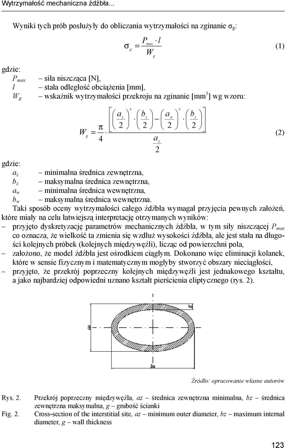 przekroju na zginanie [mm 3 ] wg wzoru: W g 3 3 az bz a b w z π 2 2 2 2 = (2) 4 az 2 gdzie: a z minimalna średnica zewnętrzna, b z maksymalna średnica zewnętrzna, a w minimalna średnica wewnętrzna, b