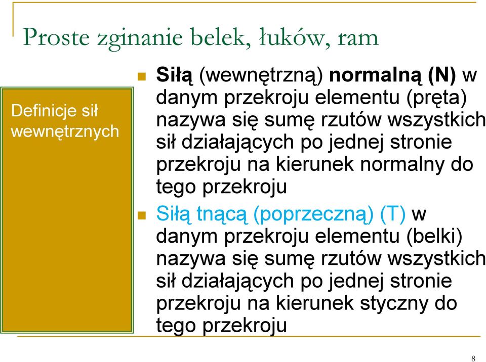 normalny do tego przekroju Siłą tnącą (poprzeczną) (T) w danym przekroju elementu (belki) 