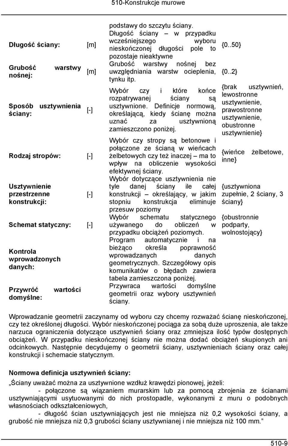 .50} pozostaje nieaktywne Grubość warstwy nośnej bez uwzględniania warstw ocieplenia, {0..2} tynku itp. Wybór czy i które końce {brak rozpatrywanej ściany są usztywnione.