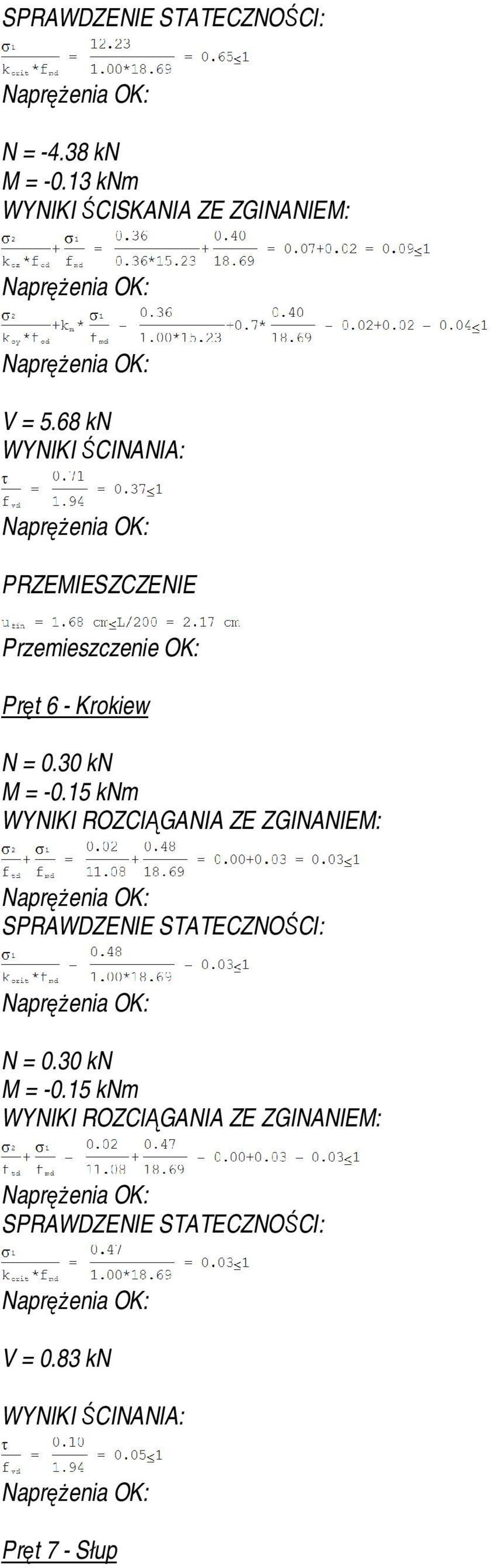15 knm WYNIKI ROZCIĄGANIA ZE ZGINANIEM: SPRAWDZENIE STATECZNOŚCI: N = 0.30 kn M = -0.