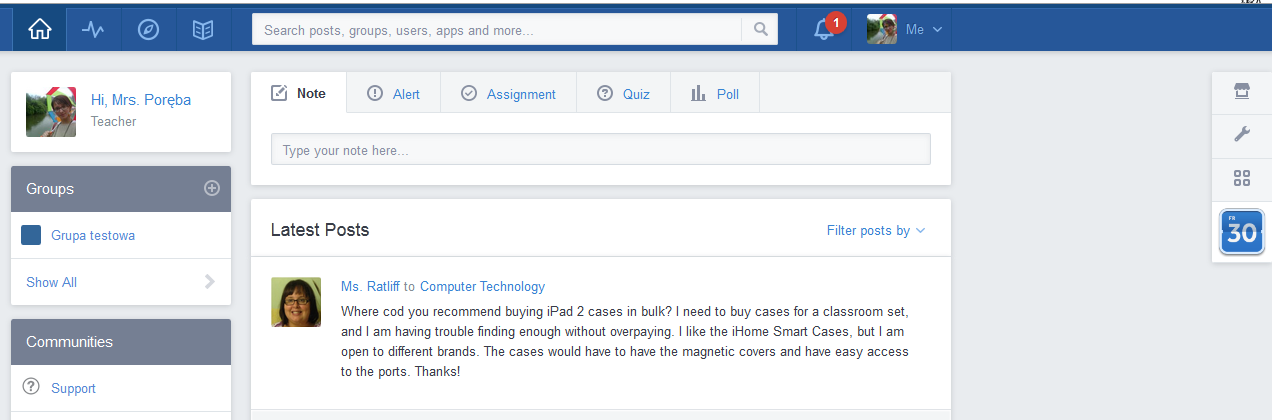 Praca z Edmodo Aby dodać notatkę, należy wybrać Note.