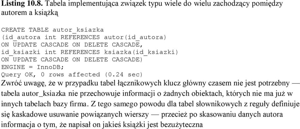 DELETE CASCADE, id_ksiazki int REFERENCES ksiazka(id_ksiazki) ON UPDATE CASCADE ON DELETE CASCADE) Query OK, 0 rows affected (0.