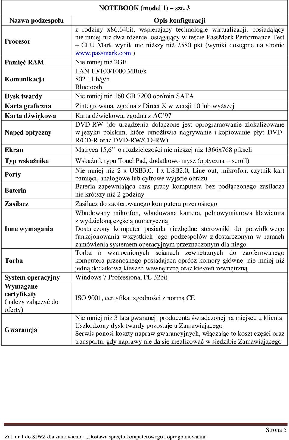 3 Opis konfiguracji z rodziny x86,64bit, wspierający technologie wirtualizacji, posiadający nie mniej niŝ dwa rdzenie, osiągający w teście PassMark Performance Test CPU Mark wynik nie niŝszy niŝ 2580