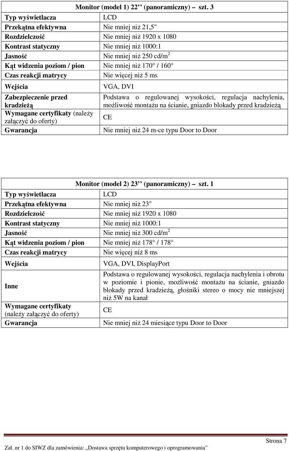 pion Nie mniej niŝ 170 / 160 Czas reakcji matrycy Nie więcej niŝ 5 ms Wejścia Zabezpieczenie przed kradzieŝą Wymagane certyfikaty (naleŝy załączyć do oferty) VGA, DVI Podstawa o regulowanej