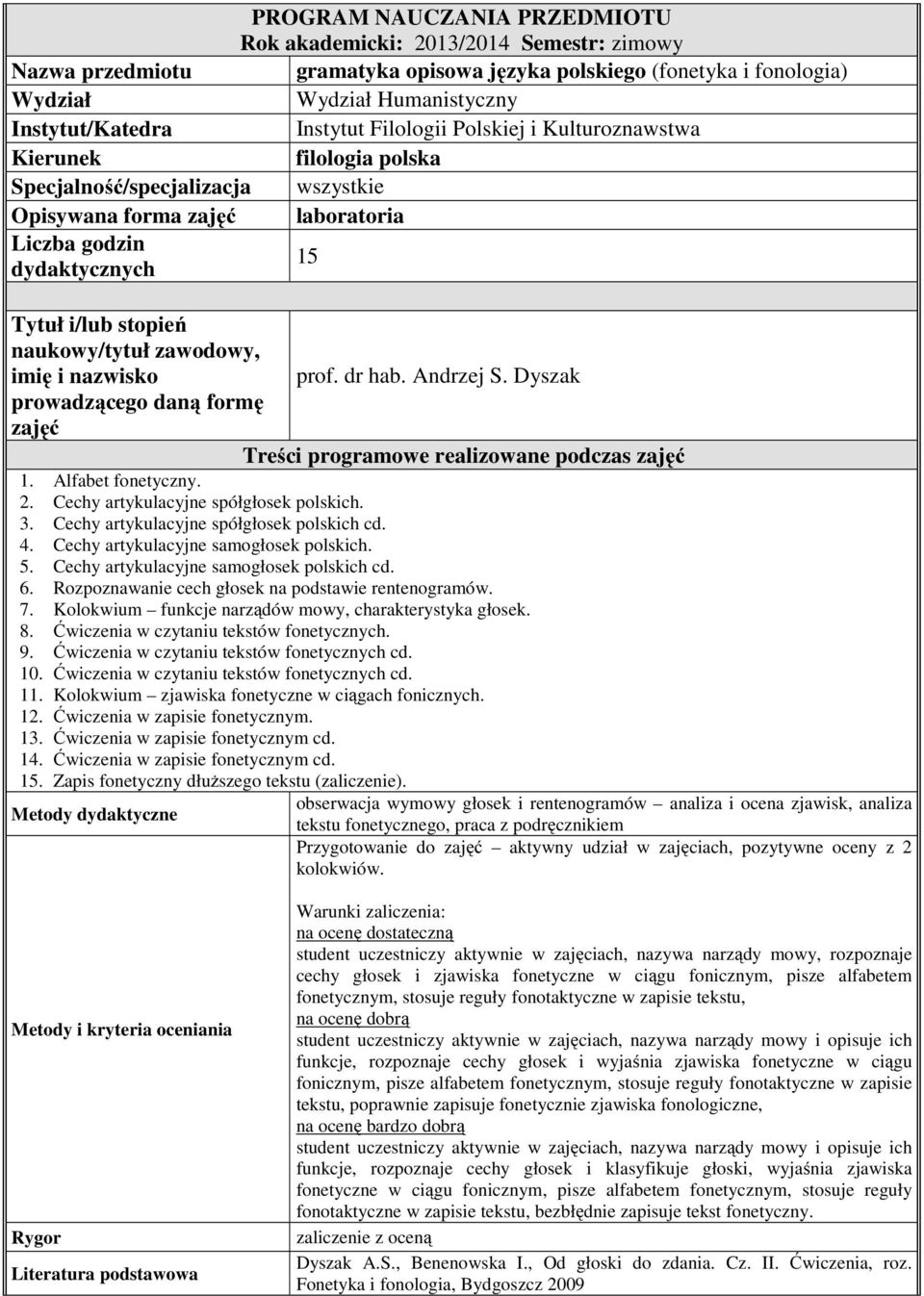 Dyszak Treści programowe realizowane podczas zajęć 1. Alfabet fonetyczny. 2. Cechy artykulacyjne spółgłosek polskich. 3. Cechy artykulacyjne spółgłosek polskich cd. 4.