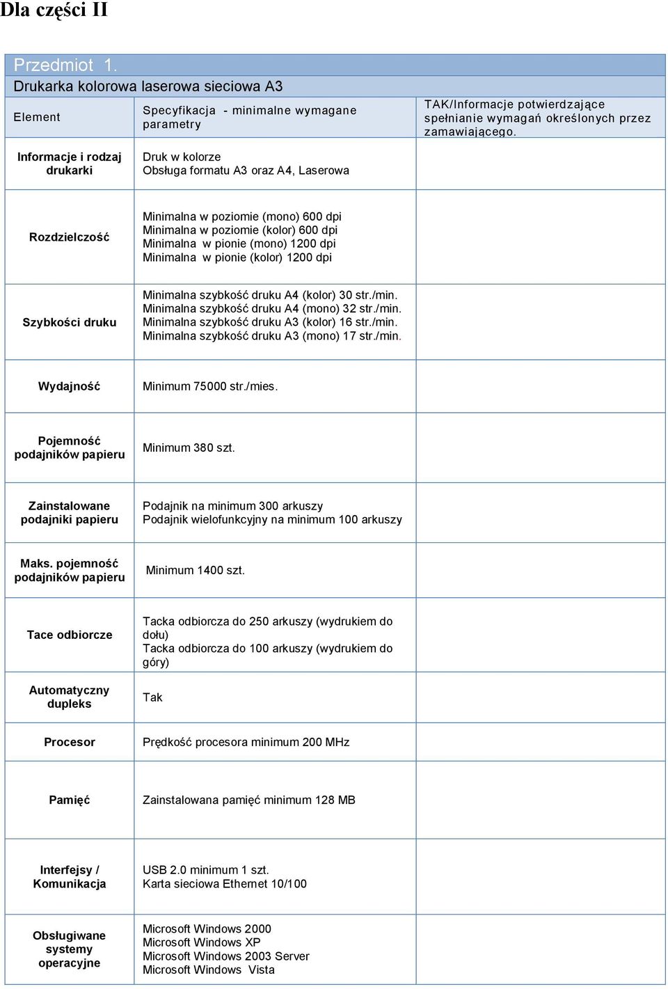 Minimalna w pionie (mono) 1200 dpi Minimalna w pionie (kolor) 1200 dpi Minimalna szybkość druku A4 (kolor) 30 str./min. Minimalna szybkość druku A4 (mono) 32 str./min. Minimalna szybkość druku A3 (kolor) 16 str.