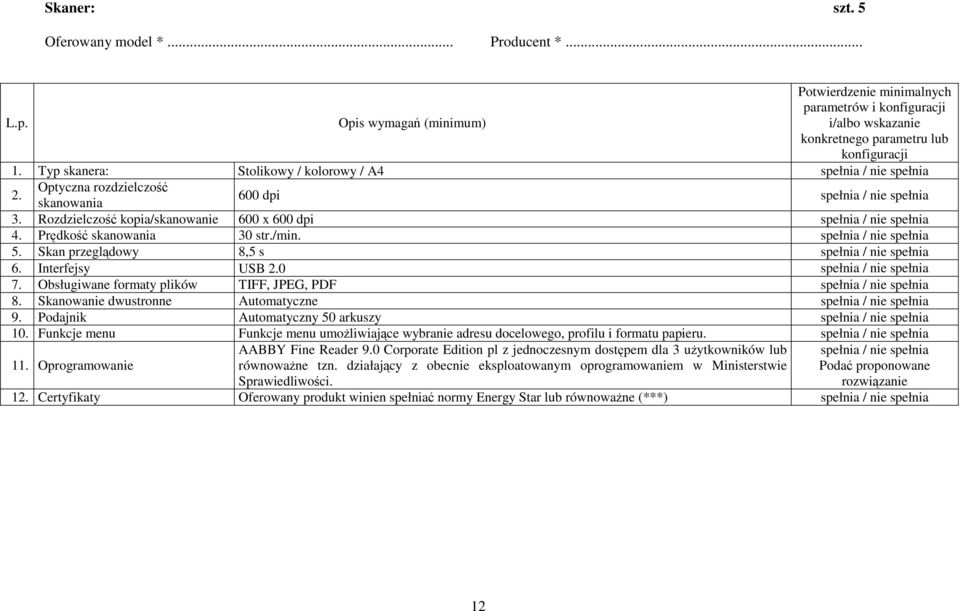 Interfejsy USB 2.0 7. Obsługiwane formaty plików TIFF, JPEG, PDF 8. Skanowanie dwustronne Automatyczne 9. Podajnik Automatyczny 50 arkuszy 10.