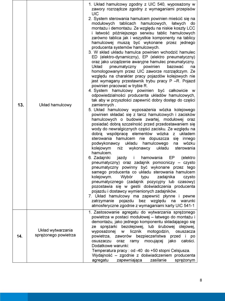 Ze względu na niskie koszty LCC i łatwość późniejszego serwisu tablic hamulcowych zarówno tablica jak i wszystkie komponenty na tablicy hamulcowej muszą być wykonane przez jednego producenta systemów