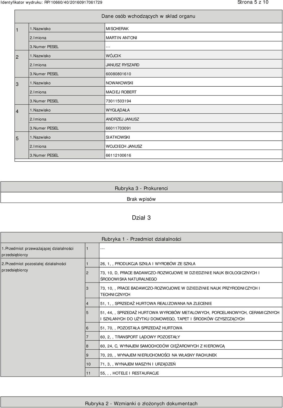 Numer PESEL 66112100616 Rubryka 3 - Prokurenci Dział 3 Rubryka 1 - Przedmiot działalności 1.Przedmiot przeważającej działalności przedsiębiorcy 2.