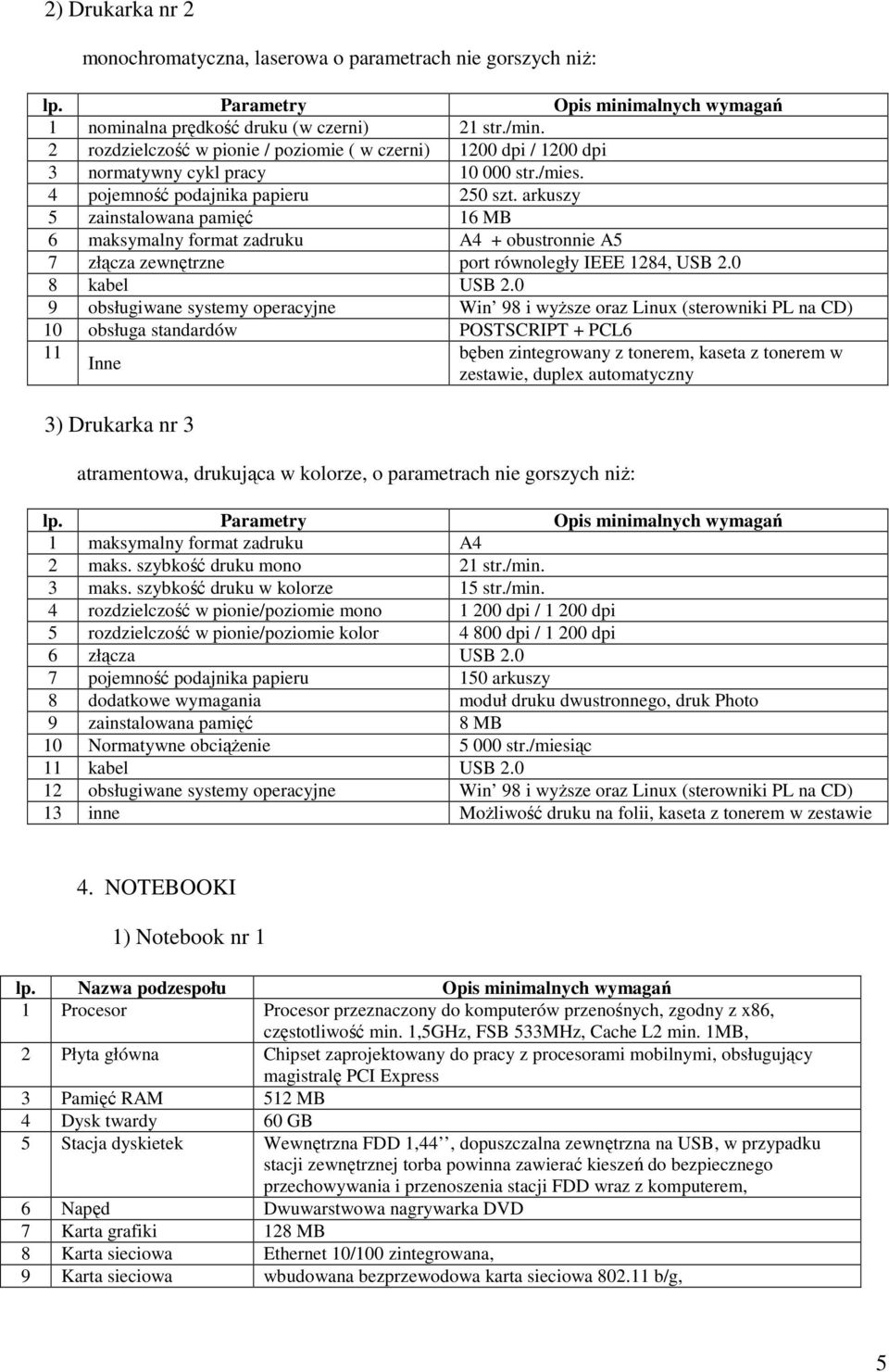 arkuszy 5 zainstalowana pamięć 16 MB 6 maksymalny format zadruku A4 + obustronnie A5 7 złącza zewnętrzne port równoległy IEEE 1284, USB 2.0 8 kabel USB 2.