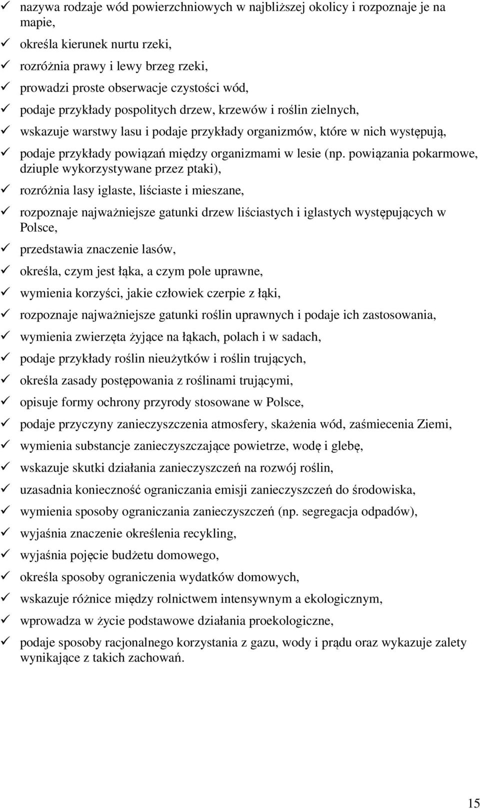 powiązania pokarmowe, dziuple wykorzystywane przez ptaki), rozróżnia lasy iglaste, liściaste i mieszane, rozpoznaje najważniejsze gatunki drzew liściastych i iglastych występujących w Polsce,
