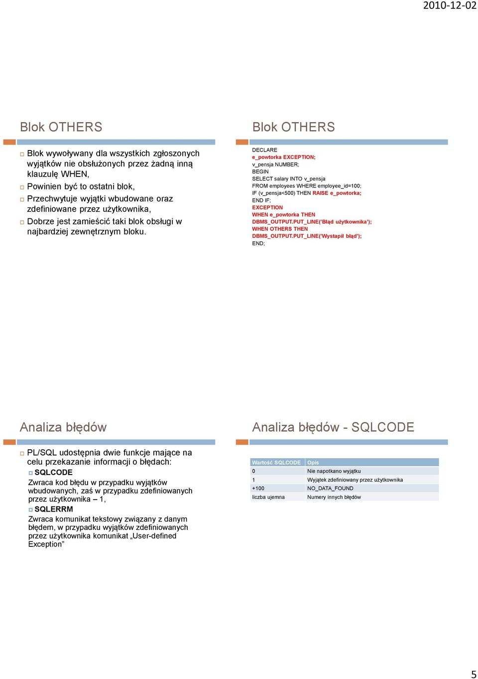 e_powtorka ; v_pensja NUMBER; SELECT salary INTO v_pensja FROM employees WHERE employee_id=100; IF (v_pensja<500) THEN RAISE e_powtorka; END IF; WHEN e_powtorka THEN DBMS_OUTPUT.