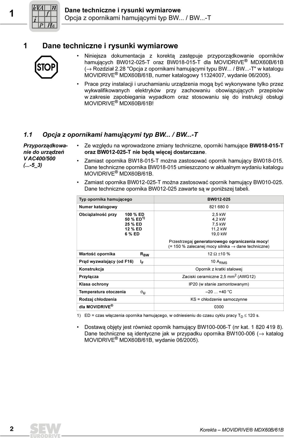 28 "Opcja z opornikami hamującymi typu BW... / BW...-T" w katalogu MOVIDRIVE MDX60B/61B, numer katalogowy 11324007, wydanie 06/2005).