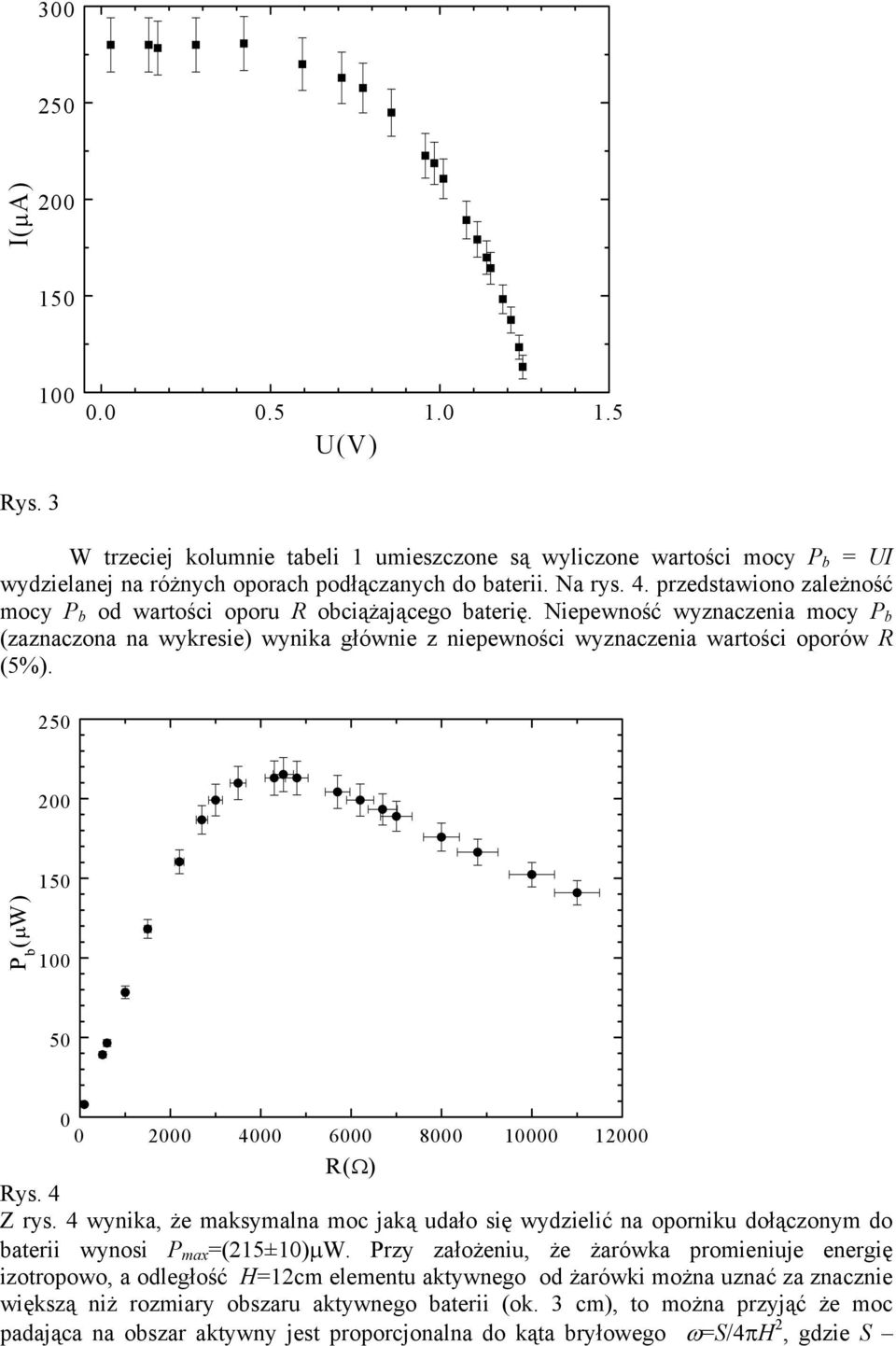 250 200 P b (μw) 150 100 50 0 0 2000 4000 6000 8000 10000 12000 R(Ω) Rys. 4 Z rys. 4 wynika, że maksymalna moc jaką udało się wydzielić na oporniku dołączonym do baterii wynosi P max =(215±10)μW.