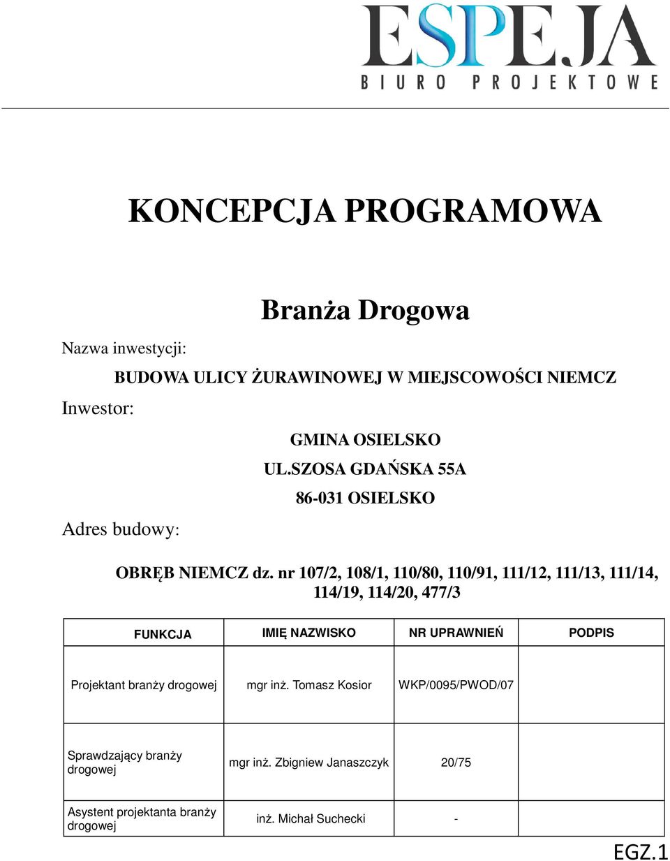 nr 107/2, 108/1, 110/80, 110/91, 111/12, 111/13, 111/14, 114/19, 114/20, 477/3 FUNKCJA IMIĘ NAZWISKO NR UPRAWNIEŃ PODPIS