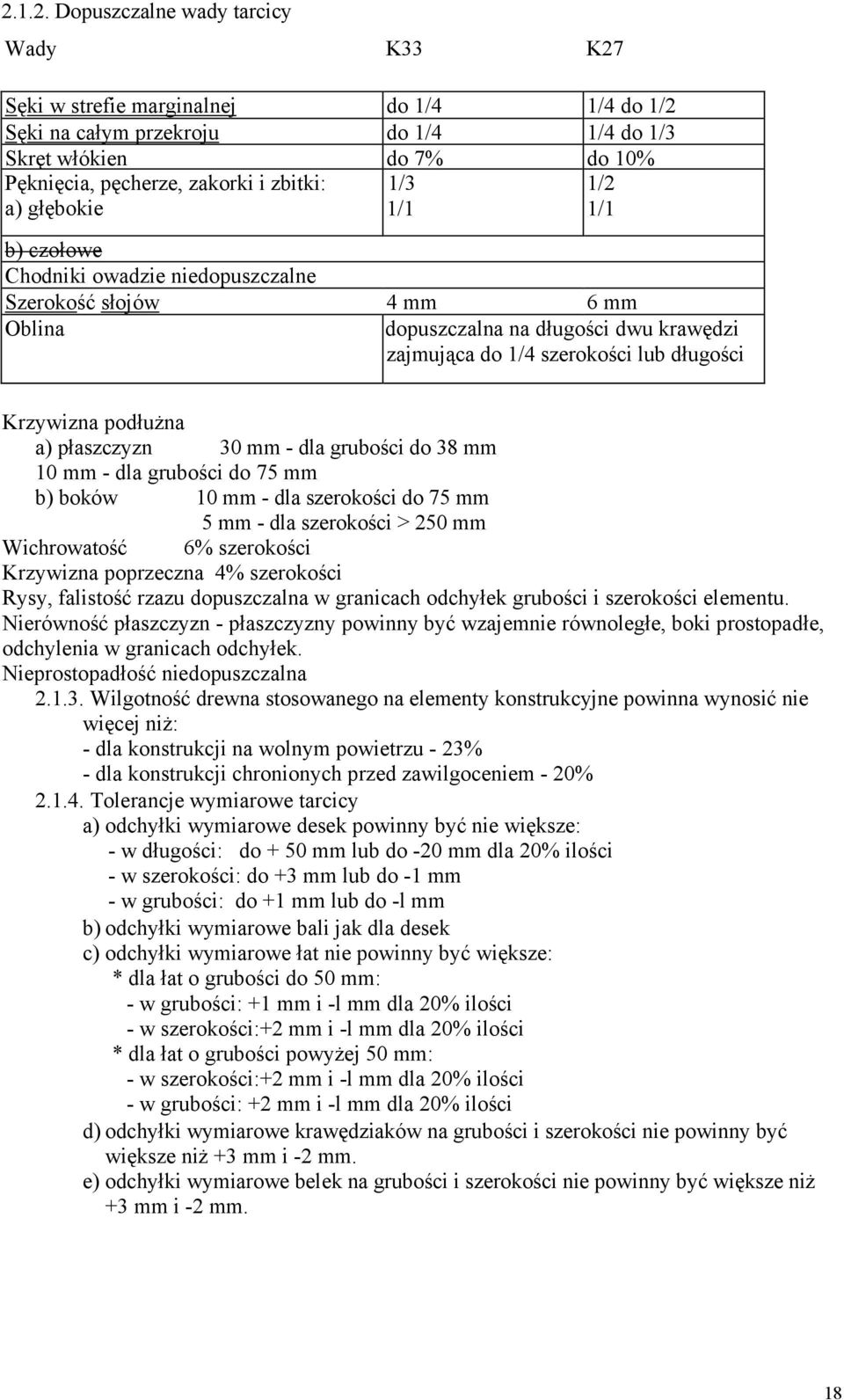 podłuŝna a) płaszczyzn 30 mm - dla grubości do 38 mm 10 mm - dla grubości do 75 mm b) boków 10 mm - dla szerokości do 75 mm 5 mm - dla szerokości > 250 mm Wichrowatość 6% szerokości Krzywizna