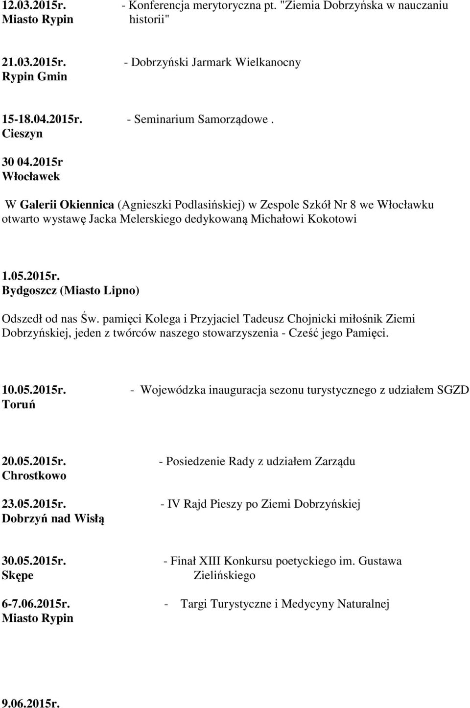 pamięci Kolega i Przyjaciel Tadeusz Chojnicki miłośnik Ziemi Dobrzyńskiej, jeden z twórców naszego stowarzyszenia - Cześć jego Pamięci. 10.05.2015r.