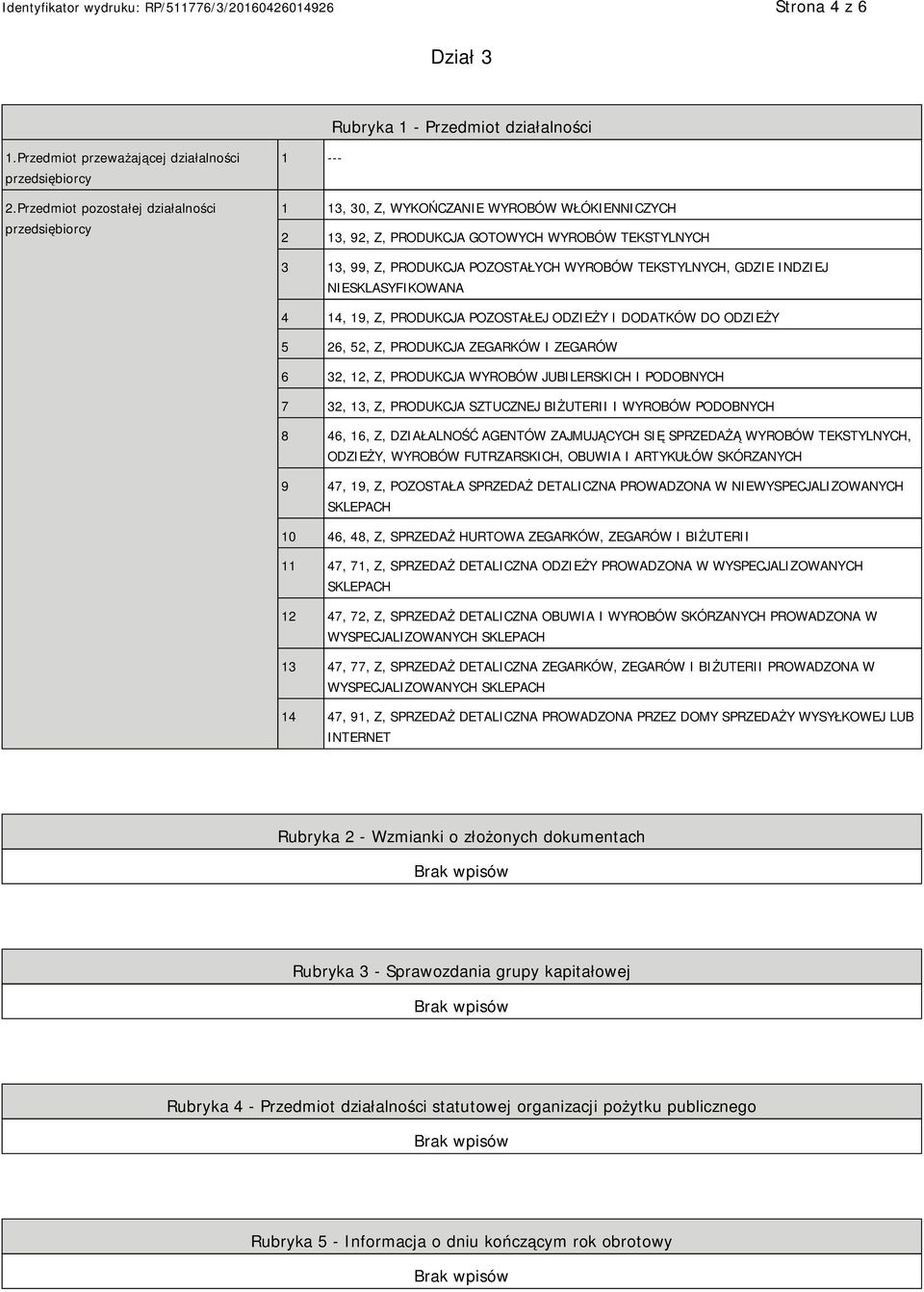 TEKSTYLNYCH, GDZIE INDZIEJ SKLASYFIKOWANA 4 14, 19, Z, PRODUKCJA POZOSTAŁEJ ODZIEŻY I DODATKÓW DO ODZIEŻY 5 26, 52, Z, PRODUKCJA ZEGARKÓW I ZEGARÓW 6 32, 12, Z, PRODUKCJA WYROBÓW JUBILERSKICH I